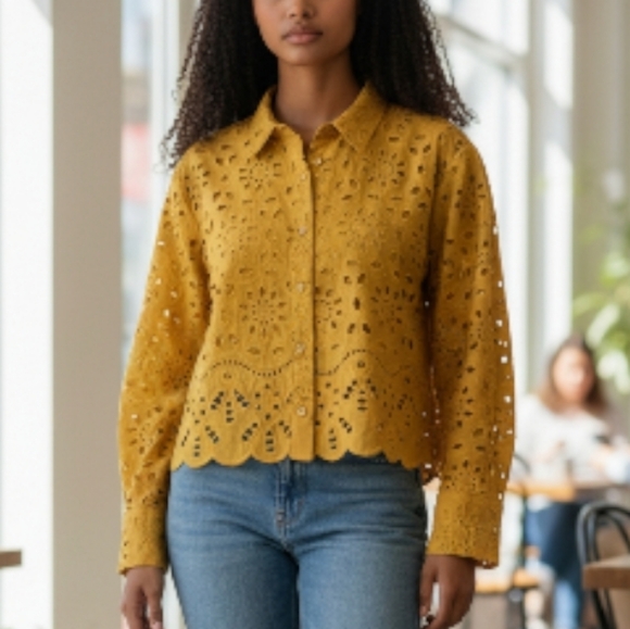 Joie Tops - JOIE | Yellow Eyelet Lace Cropped Romantic Boho Feminine Boxy‎ Button Blouse | M